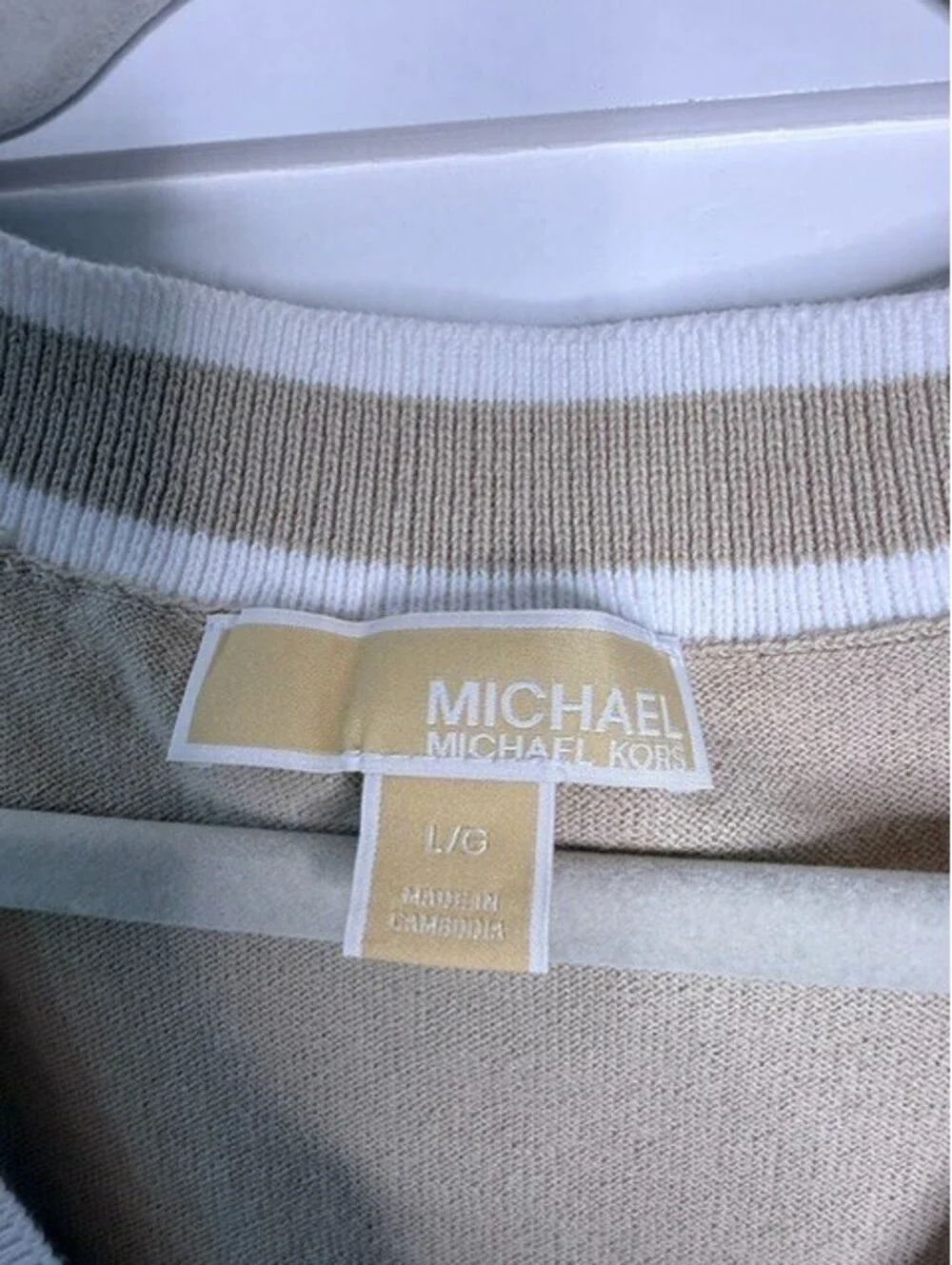 Michael Kors Women's Sweater Large Beige White Stripe V Neck Varsity Pullover